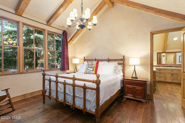 bedroom featuring dark hardwood / wood-style floors, lofted ceiling with beams, and a notable chandelier