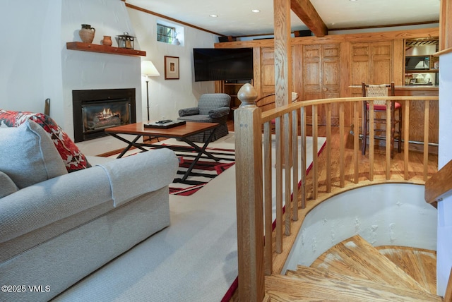 2111 Vermont Rd Unit A, Vail, CO 81657 - living room with a fireplace and beamed ceiling