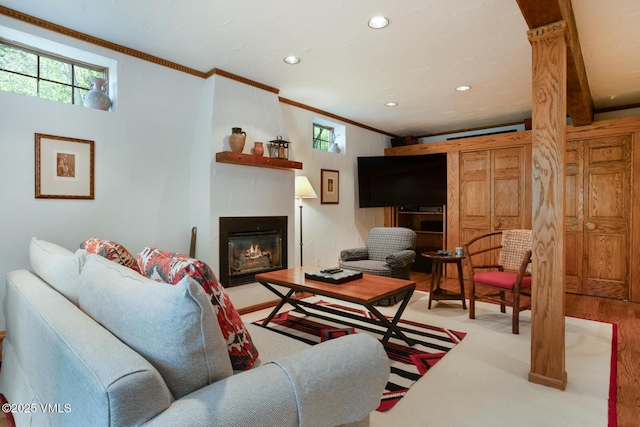2111 Vermont Rd Unit A, Vail, CO 81657 - living area with ornamental molding, a large fireplace, and recessed lighting