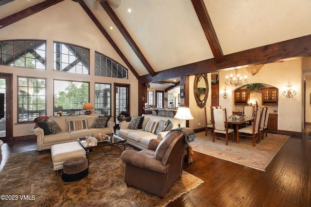 living room with dark hardwood / wood-style flooring, beam ceiling, high vaulted ceiling, and an inviting chandelier