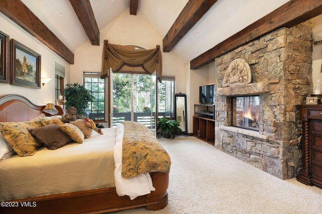 bedroom with a fireplace, high vaulted ceiling, beamed ceiling, access to exterior, and carpet