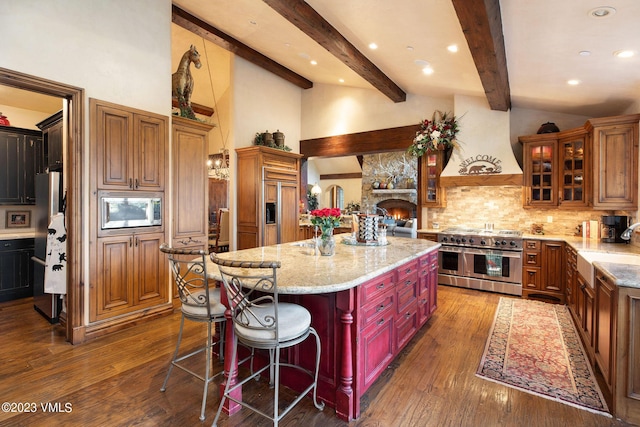 kitchen with dark hardwood / wood-style flooring, custom exhaust hood, a center island, stainless steel appliances, and light stone countertops