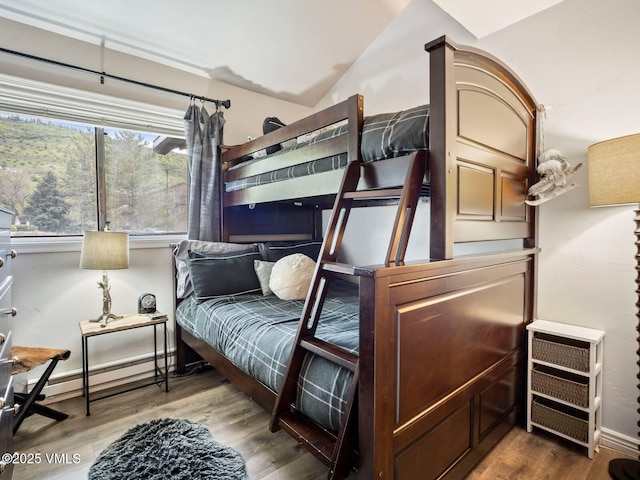 1061 W Beaver Creek Blvd Unit F-203, Avon, CO 81620 - bedroom featuring wood finished floors, baseboard heating, vaulted ceiling, and baseboards