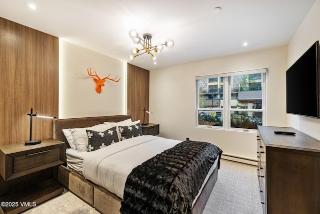 684 W Lionshead Cir Unit 302, Vail, CO 81657 - bedroom with a baseboard heating unit, a chandelier, and recessed lighting