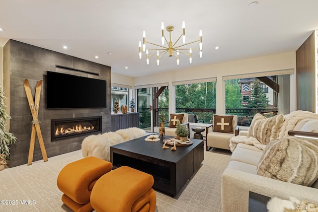 684 W Lionshead Cir Unit 302, Vail, CO 81657 - carpeted living area with a tiled fireplace, recessed lighting, and a chandelier
