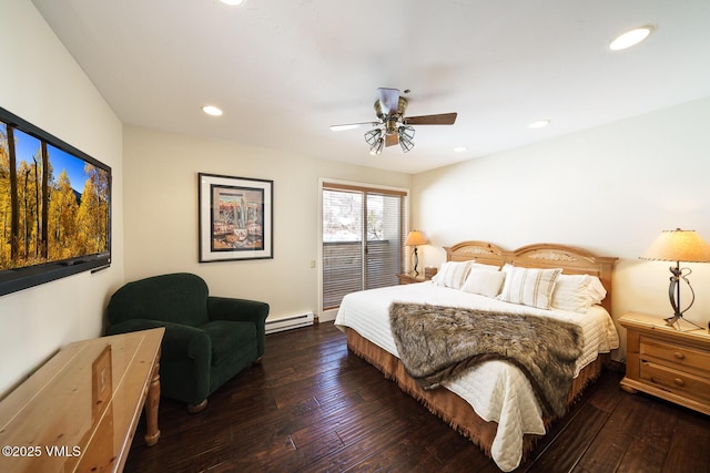 bedroom with recessed lighting, wood-type flooring, a ceiling fan, and a baseboard radiator