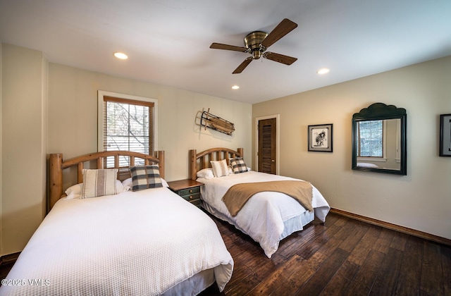 bedroom featuring a ceiling fan, recessed lighting, dark wood-style flooring, and baseboards