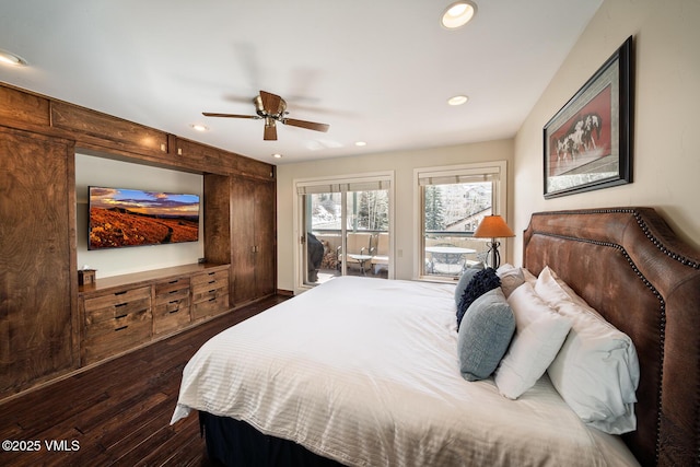 bedroom with dark wood-style floors, recessed lighting, a ceiling fan, and access to exterior