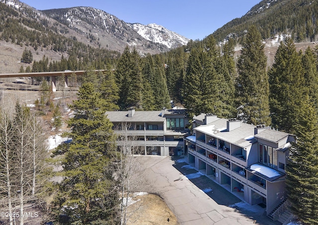 aerial view with a mountain view and a view of trees