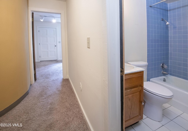 full bath with toilet, vanity, and shower / bathing tub combination