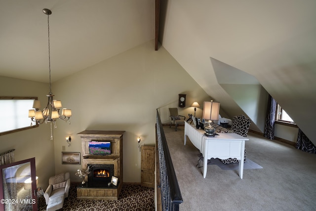 home office featuring lofted ceiling with beams, an inviting chandelier, carpet flooring, a warm lit fireplace, and baseboards