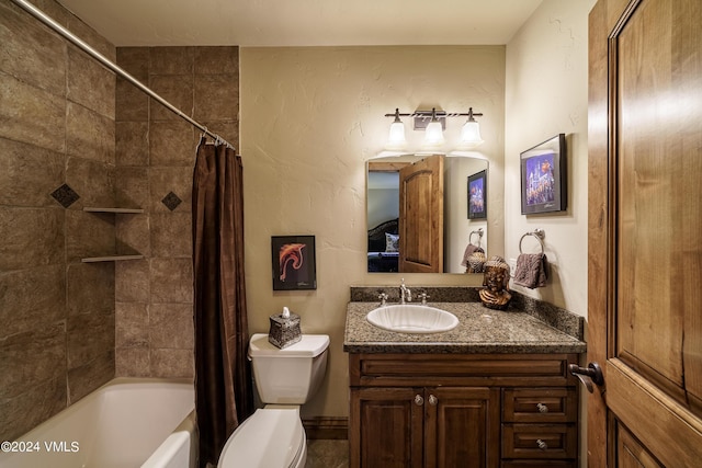 full bath featuring toilet, shower / tub combo, a textured wall, and vanity