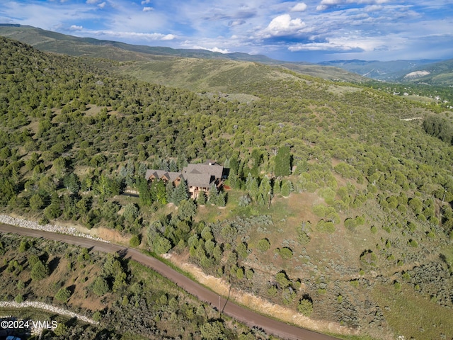 drone / aerial view featuring a mountain view and a view of trees