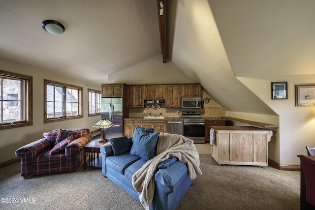 living room featuring vaulted ceiling with beams, baseboards, and light colored carpet