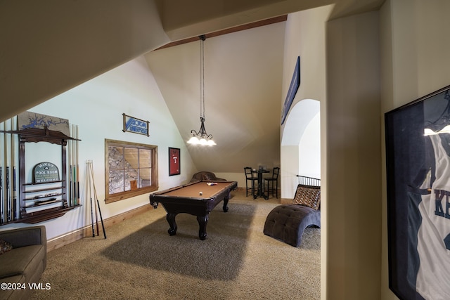 game room featuring carpet floors, high vaulted ceiling, and pool table