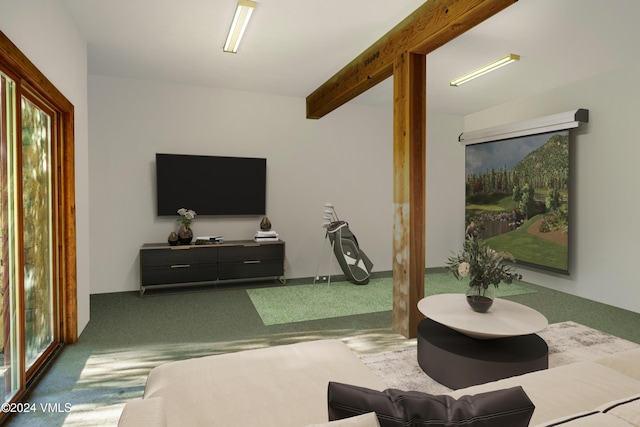 living area featuring beam ceiling