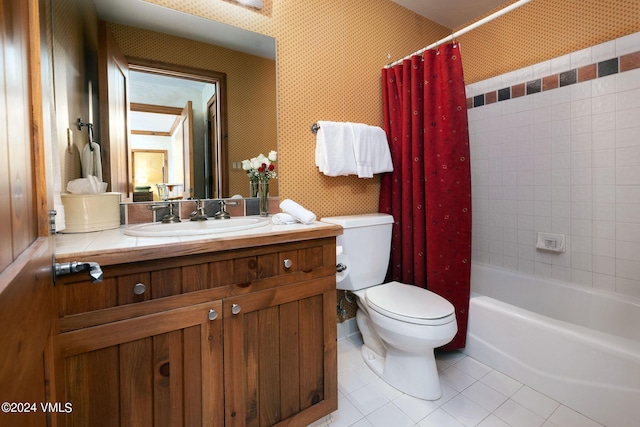 full bathroom with shower / bath combination with curtain, vanity, toilet, and tile patterned flooring