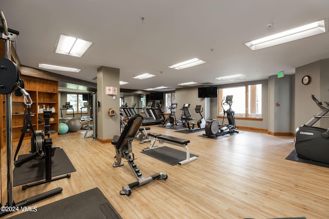 workout area featuring light hardwood / wood-style floors