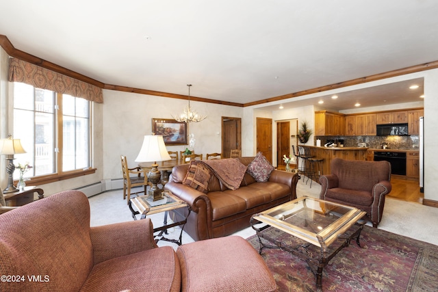 living room featuring ornamental molding, a baseboard heating unit, and an inviting chandelier