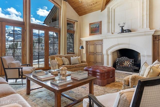 312 Holden Rd, Beaver Creek, CO 81620 - living room with high vaulted ceiling, a premium fireplace, plenty of natural light, wood ceiling, and french doors