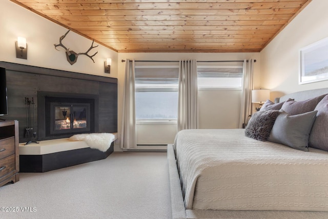 bedroom with multiple windows, lofted ceiling, light colored carpet, and wood ceiling