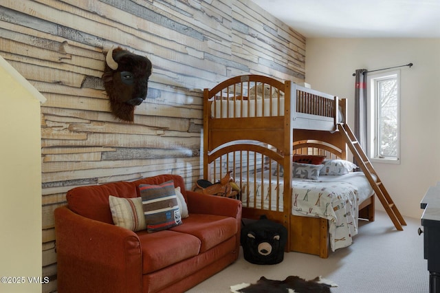 bedroom with lofted ceiling and carpet flooring