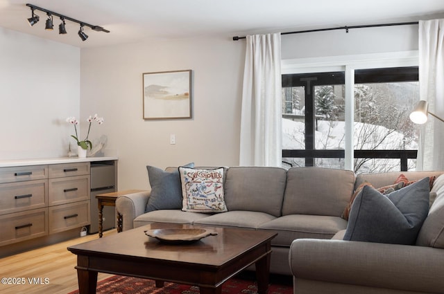 living room featuring rail lighting and light wood-style floors