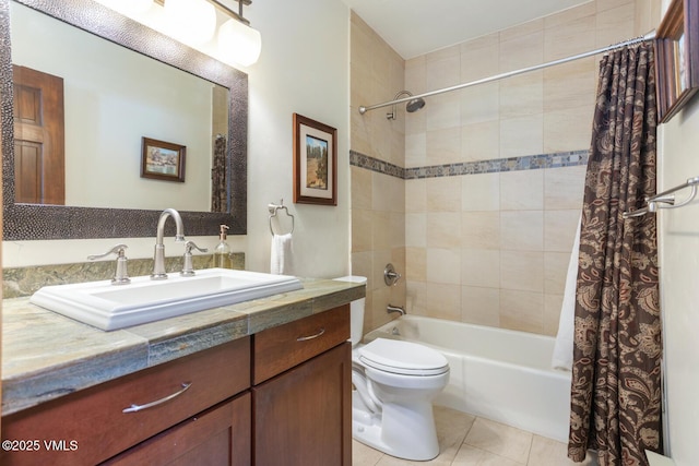 full bath featuring tile patterned floors, shower / bath combination with curtain, toilet, and vanity