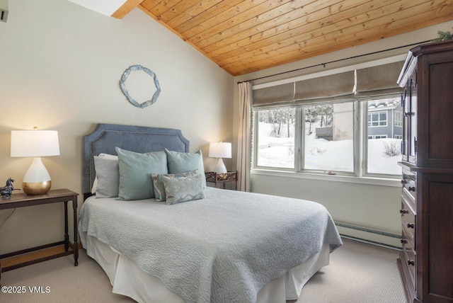 carpeted bedroom with a baseboard heating unit, lofted ceiling, and wooden ceiling