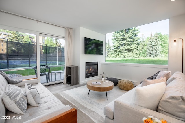 710 W Lionshead Cir Unit 115, Vail, CO 81657 - living room featuring wood finished floors and a glass covered fireplace