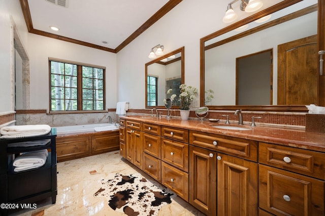 bathroom with ornamental molding, vanity, and a bathing tub