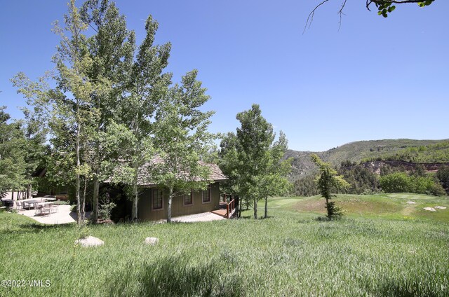 view of yard featuring a mountain view and a patio