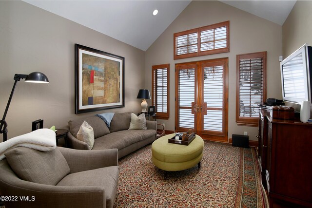 living room featuring high vaulted ceiling