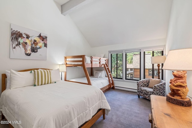 bedroom featuring baseboard heating, high vaulted ceiling, beam ceiling, and dark carpet