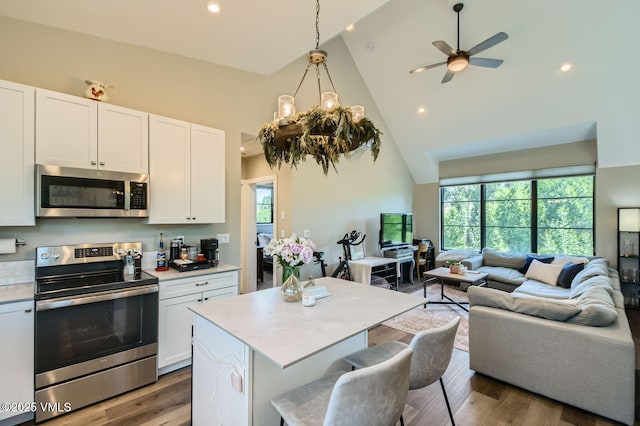 146 Robins Egg Ln, Eagle, CO 81631 - kitchen with appliances with stainless steel finishes, high vaulted ceiling, open floor plan, light countertops, and white cabinets
