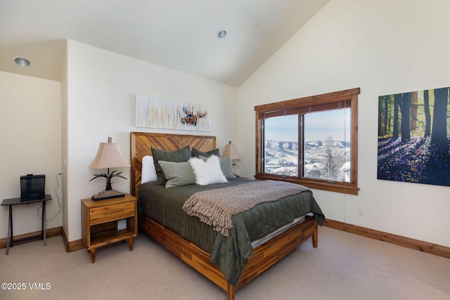 bedroom with light carpet, high vaulted ceiling, and baseboards