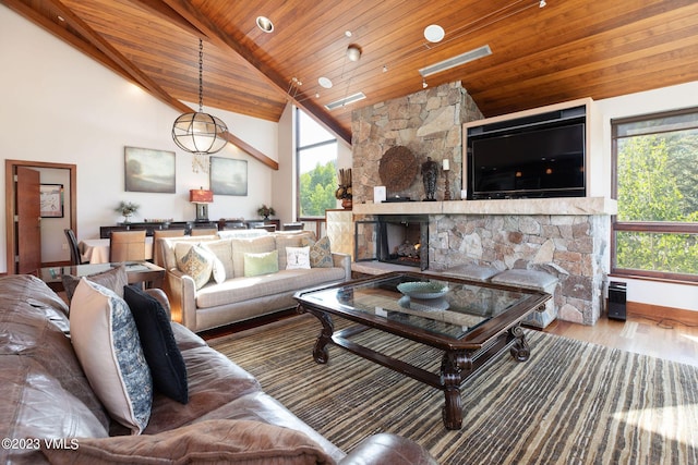 living room featuring wood-type flooring, a stone fireplace, high vaulted ceiling, and wooden ceiling