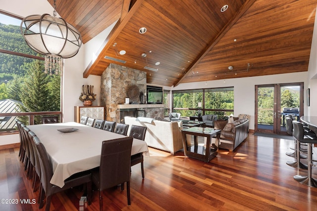 dining room featuring high vaulted ceiling, dark wood-type flooring, a stone fireplace, and wood ceiling