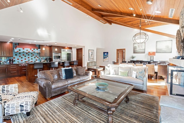 living room with beam ceiling, high vaulted ceiling, wooden ceiling, and light wood-type flooring