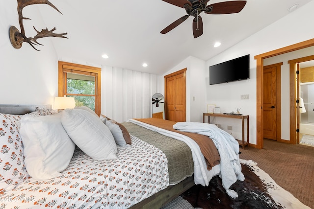4254 Columbine Way Unit 9, Vail, CO 81657 - bedroom with lofted ceiling, carpet flooring, recessed lighting, and ceiling fan