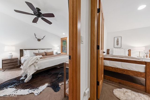 4254 Columbine Way Unit 9, Vail, CO 81657 - bedroom with vaulted ceiling, carpet floors, a ceiling fan, and recessed lighting