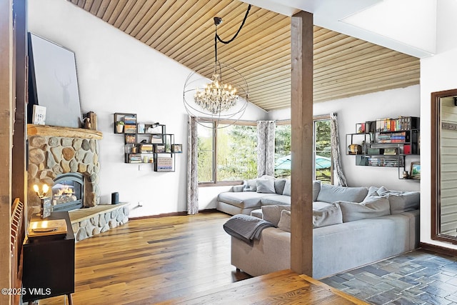 961 June Creek Rd, Edwards, CO 81632 - living room featuring a chandelier, wood-type flooring, a fireplace, vaulted ceiling, and wood ceiling