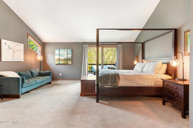 carpeted bedroom with lofted ceiling, access to outside, and baseboards