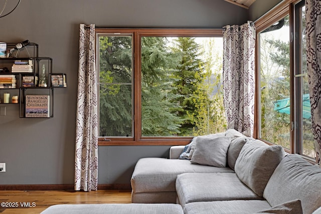 sitting room with wood finished floors, lofted ceiling, healthy amount of natural light, and baseboards