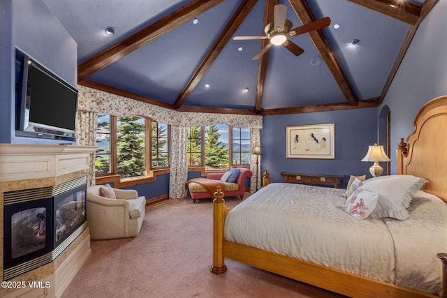1006 Chiming Bells, Avon, CO 81620 - bedroom featuring beam ceiling, carpet, a fireplace, and high vaulted ceiling
