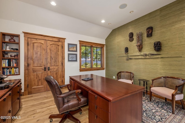 1006 Chiming Bells, Avon, CO 81620 - office featuring wallpapered walls, an accent wall, recessed lighting, light wood-style floors, and vaulted ceiling