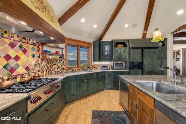 1006 Chiming Bells, Avon, CO 81620 - kitchen featuring exhaust hood, built in appliances, green cabinets, backsplash, and recessed lighting