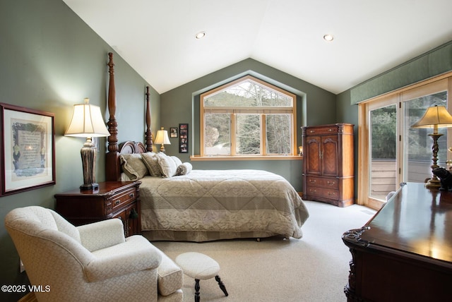 bedroom with carpet flooring, lofted ceiling, recessed lighting, and access to outside