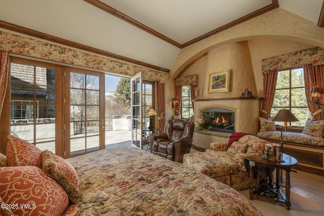 443 Beaver Dam Rd, Vail, CO 81657 - bedroom with access to exterior, multiple windows, a high end fireplace, and lofted ceiling