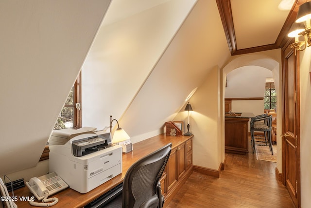 443 Beaver Dam Rd, Vail, CO 81657 - office space featuring wood finished floors, arched walkways, ornamental molding, and baseboards